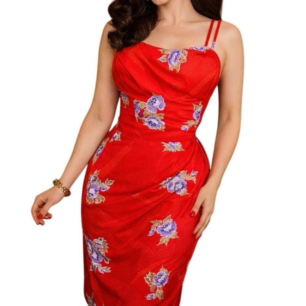 Vintage Paradise Hawaii Red Floral‎ Hawaiian Sarong Dress Talon Zip Pinup Tiki